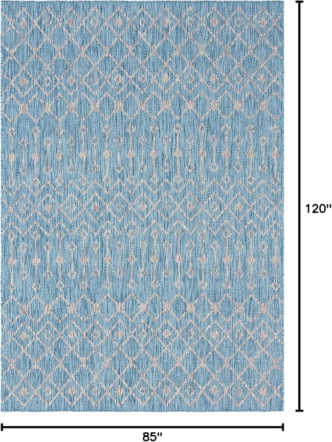Unique Loom Outdoor Trellis Collection Area Rug - Tribal Trellis (7' 1" x 10' Rectangle, Aqua/ Ivory)