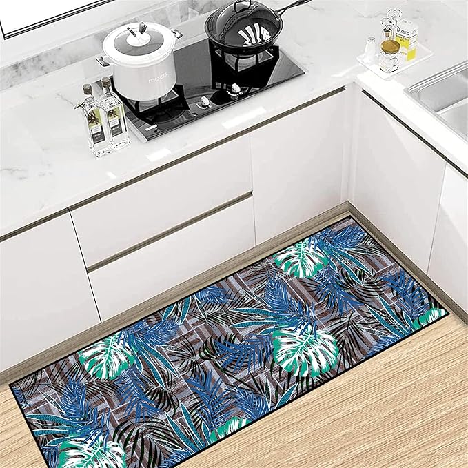 2x10 ft Runner Rug Tropical Blue - Non-Slip Low-Pile & Washable for Hallway, Living Room, Bedroom - Botanical Leaf Print Plush Soft - No Linting Easy Clean Indoor Carpet