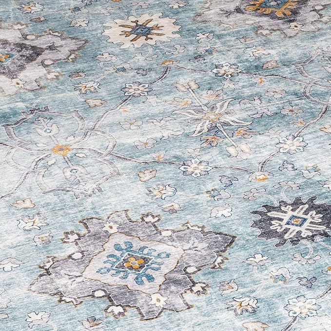 ReaLife Rugs Machine Washable Area Rug Runner - Living Room Bedroom Bathroom Kitchen Entryway Office - Padded Low Pile Stain Resistant Premium - Boho Farmhouse Vintage - BEV - Blue Ivory 3' x 5'
