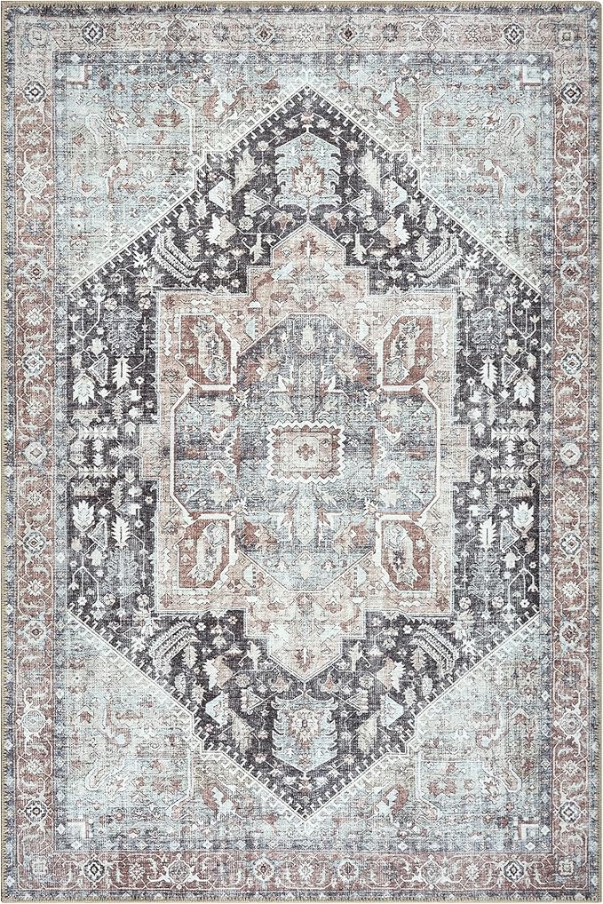Bloom Rugs Washable Non-Slip 5' x 7' Rug - Charcoal/Brown Traditional Medallion Area Rug for Living Room, Bedroom, Dining Room, and Kitchen - Exact Size: 5' x 7'