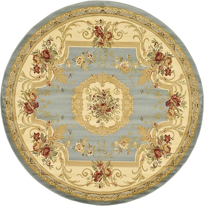 Rugs.com Chateau Collection Rug – 8 Ft Round Light Blue Medium Rug Perfect for Kitchens, Dining Rooms