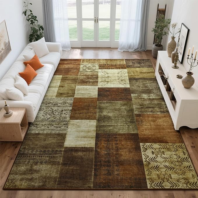 Tepook Modern Area Rug for Living Room, 4x6 Geometric Large Rugs for Bedroom, Washable Patchwork Rug Indoor Non-Slip Throw Carpets for Dining Room Office Farmhouse Home Decor, Brown