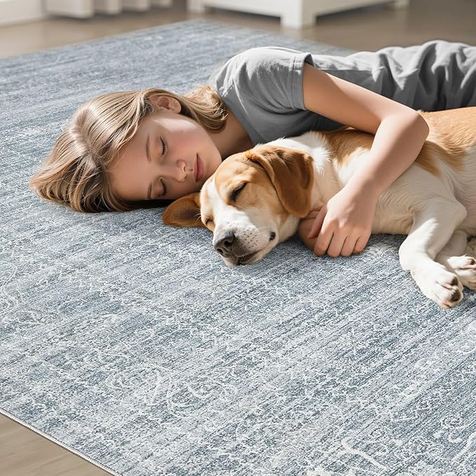 7x9 Area Rug Living Room: Washable Large Vintage Blue Rug Neutral Non-Slip Soft Stain Resistant Indoor Carpet for Bedroom Nursery Dining Room Under Table Bed Home House Office Playroom