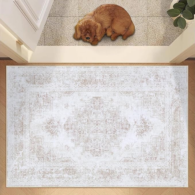 Entryway Rug 2x3 Vintage Rugs, Machine Washable Small Area Rug Retro Medallion Distressed Rugs Non-Slip Soft Low Pile Throw Rug for Entryway Bedroom Bathroom Hallway Kitchen(Beige,2'x3')