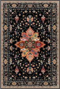 Area Rugs Square 6ft Washable Non-Slip, Floral Vintage Distress Print Pattern Medallion Carpet for Living Room Bedroom Dining Room, Black Colorful Floral Dark Tan