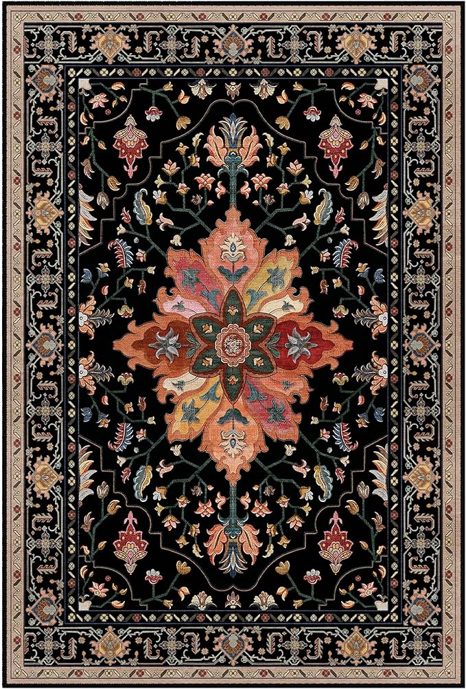 Area Rugs Square 7ft Washable Non-Slip, Floral Vintage Distress Print Pattern Medallion Carpet for Living Room Bedroom Dining Room, Black Colorful Floral Dark Tan