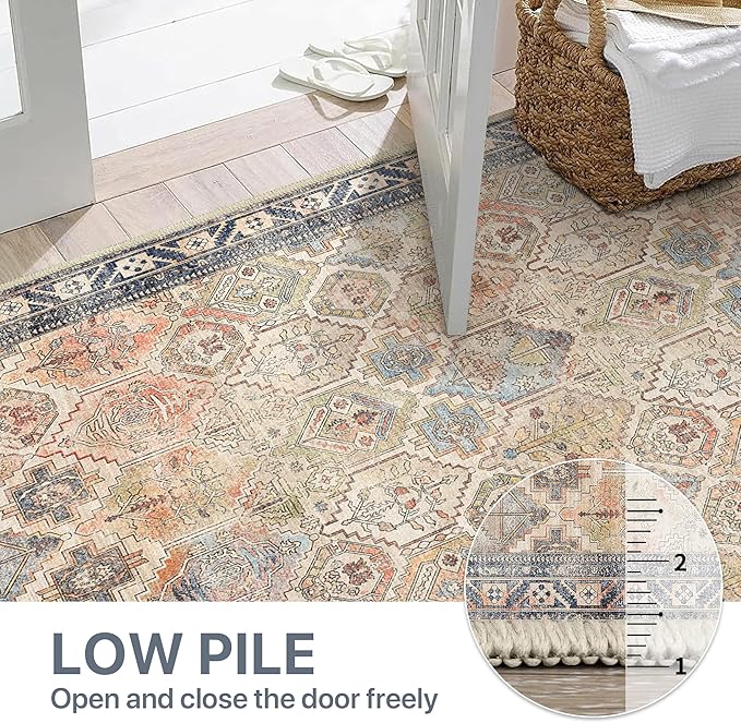 Bavni Washable Rug 8x10 Area Rug for Living Room Bedroom Dining, Washable Vintage Print Carpet, Ultra-Thin Low Pile Lightweight Rug with Non Slip Backing, Multi Beige