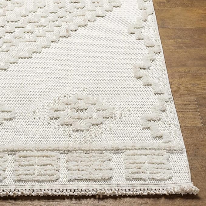 Hauteloom Rosales Farmhouse Living Room Bedroom Modern Moroccan Medallion Area Rug - Soft Shaggy High Low Carpet - High Pile - Bohemian, Boho - White, Beige, Cream - 7'10" x 10'