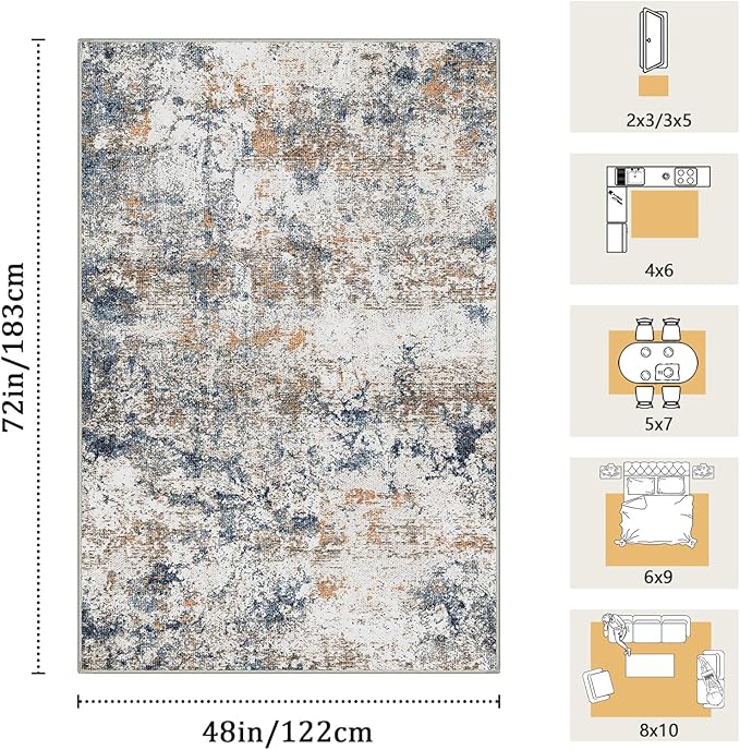 4x6 Washable Area Rug for Living Room, Multicolor Modern Vintage Abstract Rug Large Non-Slip Low Pile Soft Faux Wool Carpet, Kids and Pets Friendly for Bedroom Dining Room Farmhouse Home Decor Rug