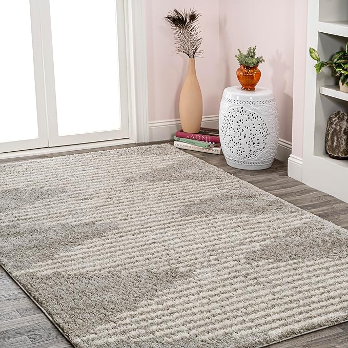 JONATHAN Y Elm Diamond Stripe Shag Gray/Ivory Indoor Area Rug, 5x8, Geometric, Bohemian, Contemporary, Easy-Cleaning for Living Room, Bedroom, Kitchen, Pet Friendly, Non-Shedding (MOH408B-5)