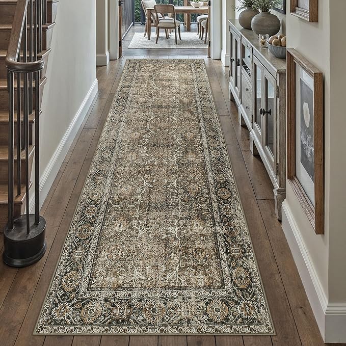 Brown Runner Rug 2'6"x10' Vintage Area Carpet Hallway Long Indoor Kitchen Washable Living Room Low Pile Traditional Distressed Retro Accent Rug Non Slip Laundry Bathroom Office Dining Room