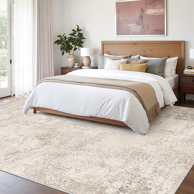 Art&Tuft Washable Rugs 8x10, Area Rugs for Living Room - Non Slip and Low Pile Soft Thin Abstract 8x10 Rug for Bedroom, Dining Room, Kitchen, Office, Beige