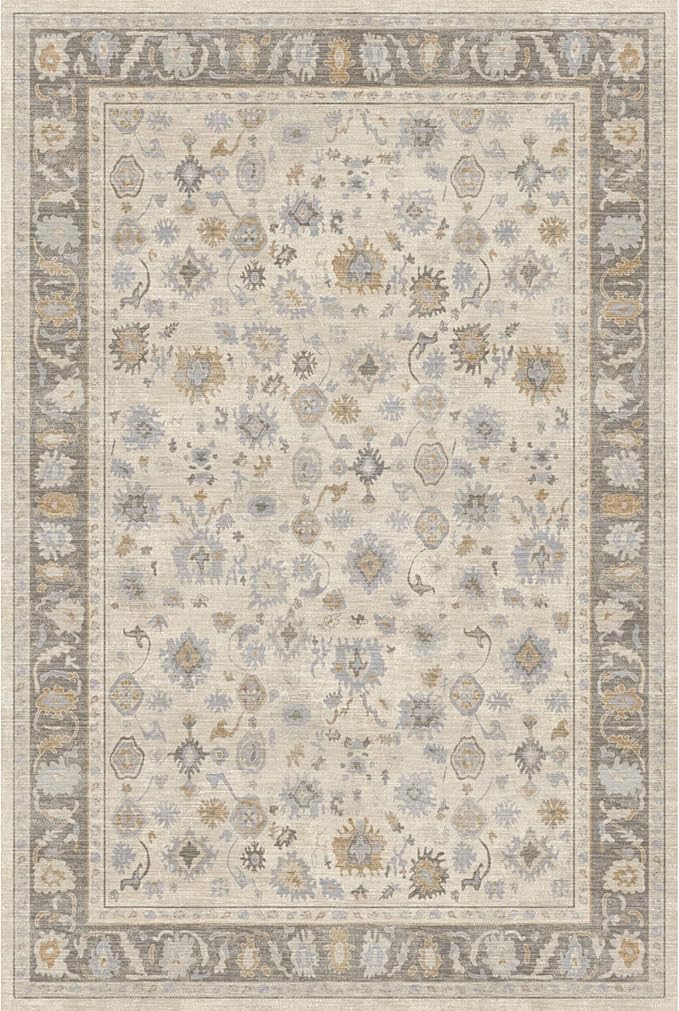 Kuden 5x7 Area Rug, Machine Washable Area Rug with Non-Slip Backing, Vintage Style, Soft, Easy Clean, Low Pile Rug for Living Room, Bedroom, Dining Room