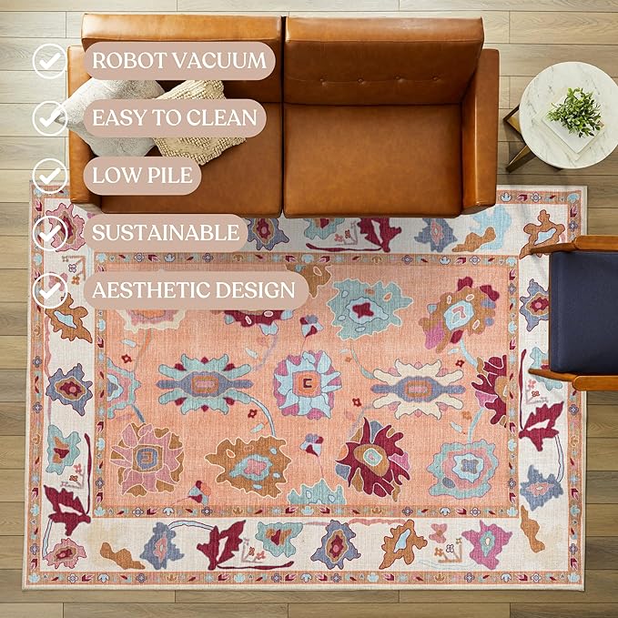 Fame Living Orange Oushak Rug, Modern Small Rugs, Vintage, Turkish, Eclectic, Floral, Pastel, Washable, Door mat, Doormat for Indoor Entrance, Entryway, Kitchen, Bathroom, Bedroom, Laundry, 2'x3'