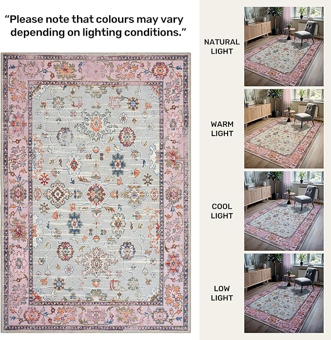GLN Rugs Traditional Collection - Machine Washable Area Rug, Traditional Washable, Non Slip, Low Pile Chenille Rug, Living Room, Bedroom, Kitchen Rug (8' x 10' Pink/Blue/Multicolor)