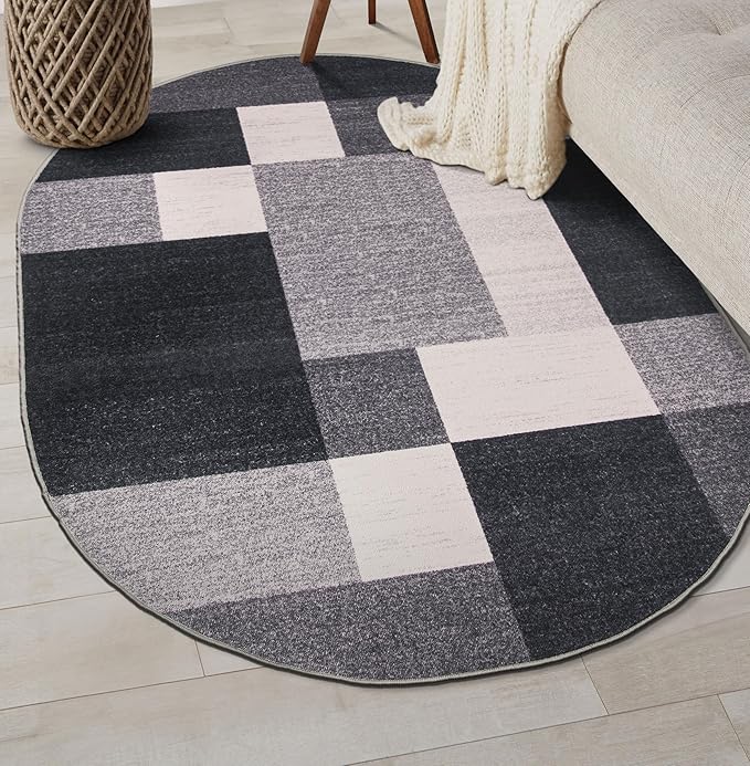 Rugshop Gray Modern Geometric Boxes Non-Slip Area Rug Non-Shedding for Dining Area, Bedroom and Living Room, 5' x 7' Oval