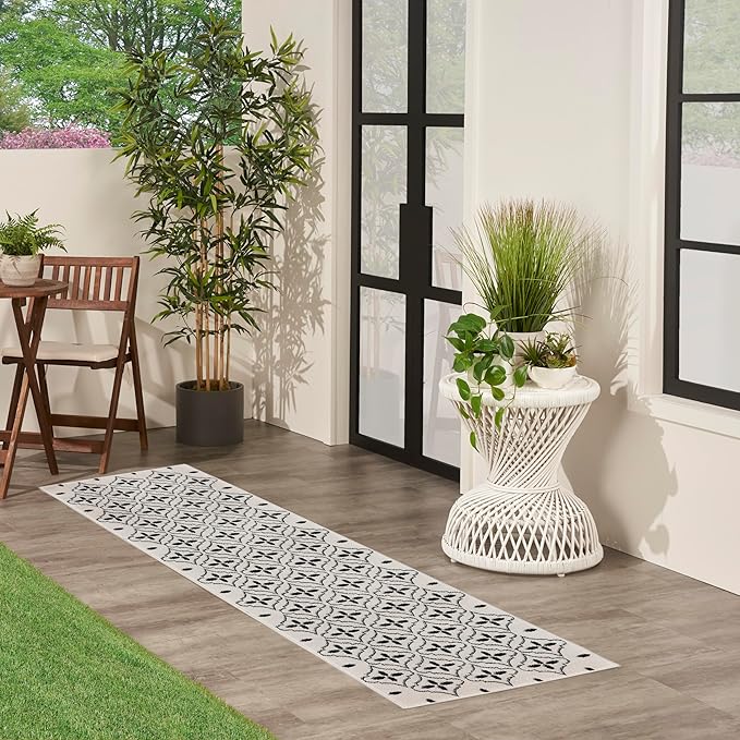 Nourison Home Nourison Essentials Ivory Black 2'2" x 7'6" Area Rug - Easy Clean, Non Shedding, Bed Room, Living Room, Dining Room, Kitchen (8' Runner)