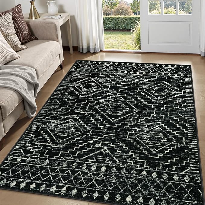 Wonnitar Moroccan Washable Area Rug 5x7, Black Large Rug for Living Room, Non-Slip Boho Bedroom Throw Mat, Low Pile Stain Resistant Geometric Floor Carpet for Dining Table Kitchen Dorm (Black,5'x7')