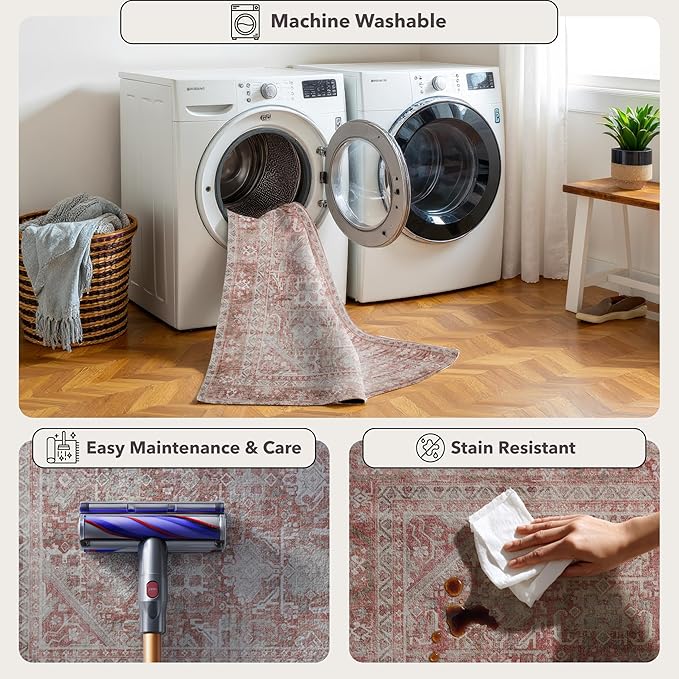 Kuden 4x6 Area Rug, Machine Washable Area Rug with Non-Slip Backing, Vintage Style, Soft, Easy Clean, Low Pile Rug for Living Room, Bedroom, Dining Room