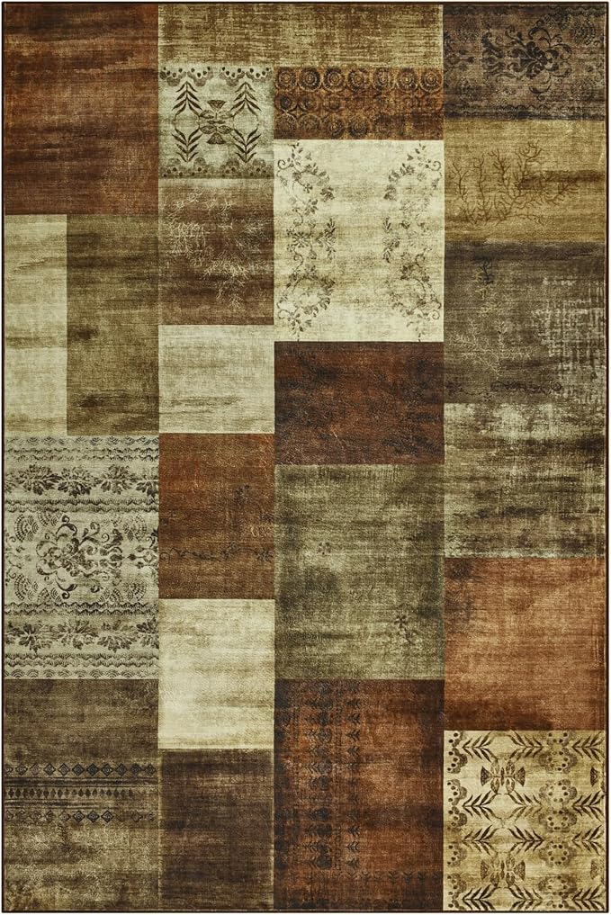 Tepook Modern Area Rug for Living Room, 8x10 Geometric Large Rugs for Bedroom, Washable Patchwork Rug Indoor Non-Slip Throw Carpets for Dining Room Office Farmhouse Home Decor, Brown