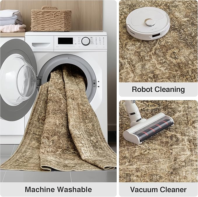 FMFUNCTEX 4x5 Washable Area Rug Neutral Vintage Brown Non Slip Low Pile Traditional Indoor Carpet for Entryway Living Room Bedroom Soft Retro Floral Mat Throw Rug for Dining Office Kitchen Entryway