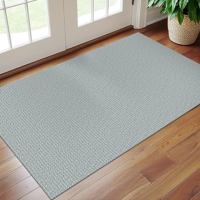 EARTHALL Washable Area Rug 3x5 Ft Non Slip Rugs for Entryway, Non Slip Braided Throw Rugs Door Mat Indoor Outdoor Entrance, Cotton Woven Carpet for Kitchen Foyer Front Door, Turquoise/Gray