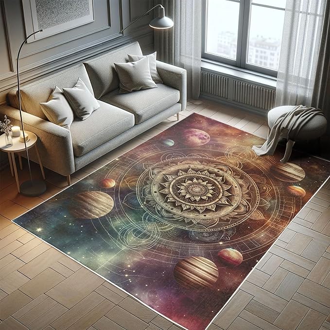 Ambesonne Galaxy Decorative Rug, Dreamy Art of Starry Outer Space with Planets Featuring Oriental Mandala, Quality Carpet for Bedroom Dorm and Living Room, 2' 5" x 5', Pale Camel Dried Rose