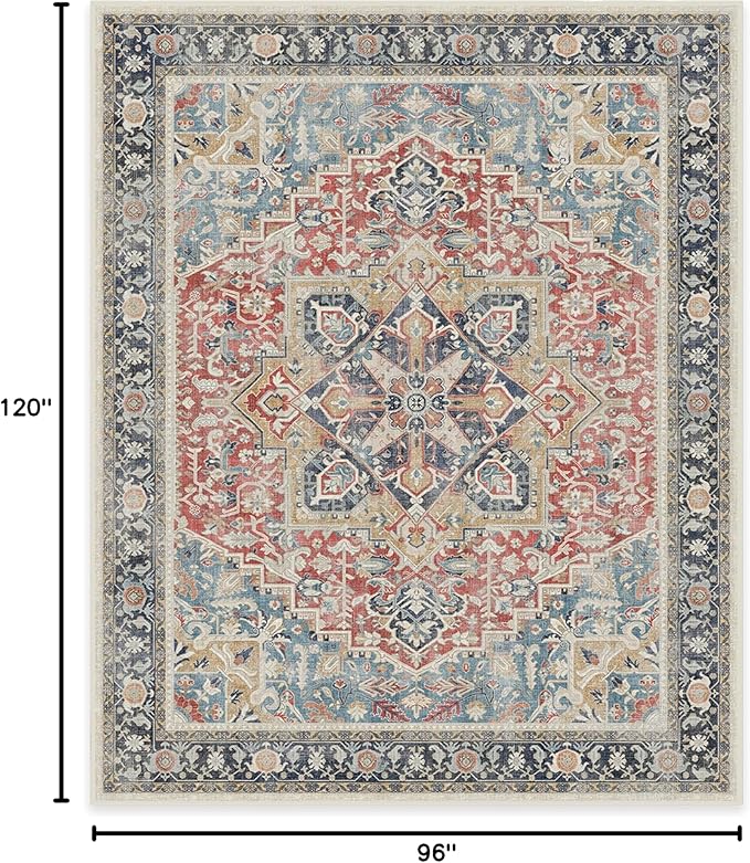 RUGGABLE Washable Vintage Area Rug – Kamran Cayenne Red 8x10, Stain-Resistant, Non-Slip – Large Machine Washable Rugs for Living Room, Bedroom, Hallway, Entryway & Office–with Standard Pad
