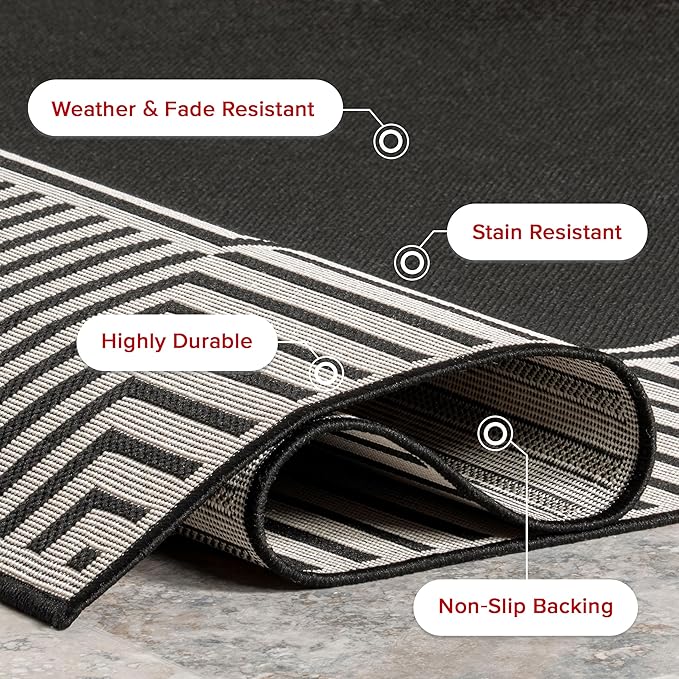 Nuloom Asha Black/Ivory, 8' x 10', Casual, Striped Border, Soft and Cozy, High Traffic, Stain Resistant, Easy Clean, Durable Area Rug for Indoor/Outdoor Patio, Deck, Porch, Garden, Courtyard