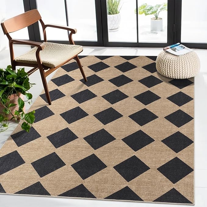 Checkered Easy Jute Rug 3x5 Outdoor Entryway Rug Washable Area Rugs for Living Room Bedroom Non Slip Neutral Farmhouse Indoor Outdoor Carpet for Backyard Patio Office