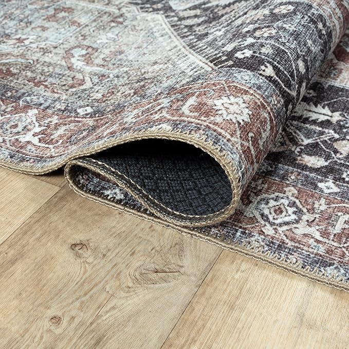 Bloom Rugs Washable Non-Slip 12 ft Runner - Charcoal/Brown Traditional Medallion Runner for Entryway, Hallway, Bathroom, and Kitchen - Exact Size: 2.5' x 12'