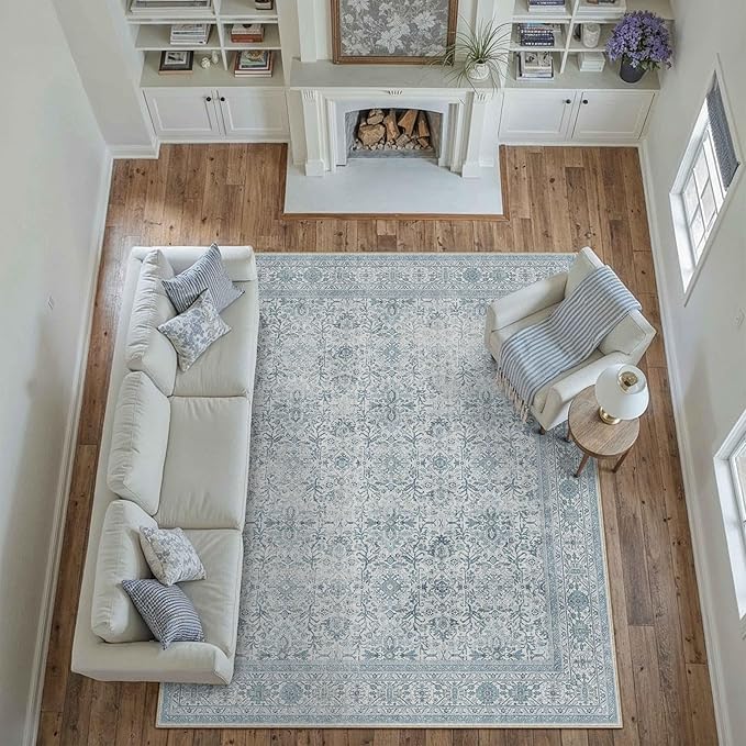 Area Rug 6x9 Blue Washable Living Room Carpet Soft Non Slip Vintage Bedroom Indoor Office Traditional Retro Distressed Large Thicker Throw Rug for Dining Room Kitchen Playroom