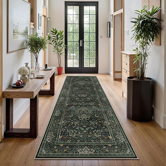 2x6 Floral Washable Area Rug Soft Runner Rugs for Living Room, Vintage Boho Hallway Rug for Bedroom Dining Room, Distressed Botanical Birds Non Slip Low Pile Animal Throw Carpet for Office, Dark Green