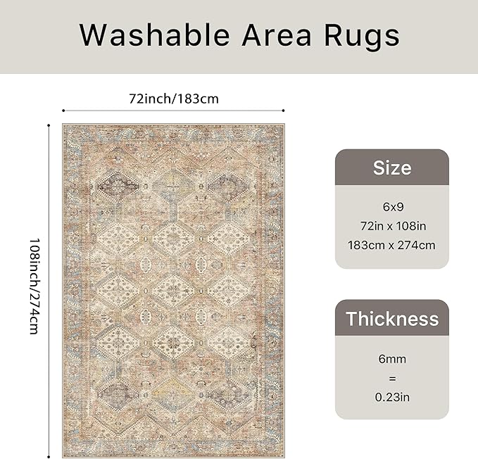 Bavni 6x9 Area Rugs for Living Room, Machine Washable Rug Non Slip, Vintage Chenille Distressed Print Carpet, Large Low Pile Ultra-Thin Lightweight Rugs for Bedroom, Dining Room, Office, Wood Brown