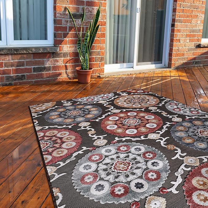 CAMILSON Indoor Outdoor Rug 9x12 Bohemian Medallion Floral Area Rugs for Indoor and Outdoor Patios Easy-Cleaning Non-Shedding Living Room Garden and Kitchen Washable Outside Carpet (9 x 12 / Brown)