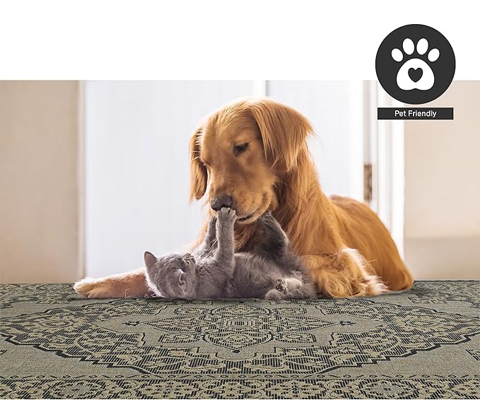 FH Home Flat Woven Outdoor Rug - Waterproof, Easy to Clean, Stain Resistant - Premium Polypropylene Yarn - Vintage - Patio, Porch, Deck, Balcony - Ankara - Charcoal - 5ft 4in x 7ft 6in