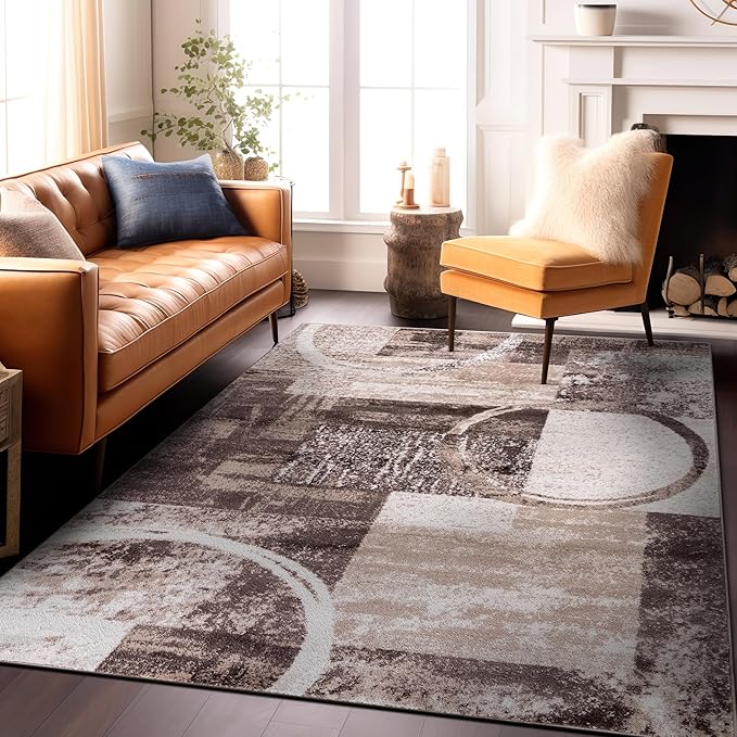 Rugshop Contemporary Abstract Circle Design Area Rug, Fade-Resistant Carpet for Living Room, Dining Room, or Office, Brown, 8'8" x 12'