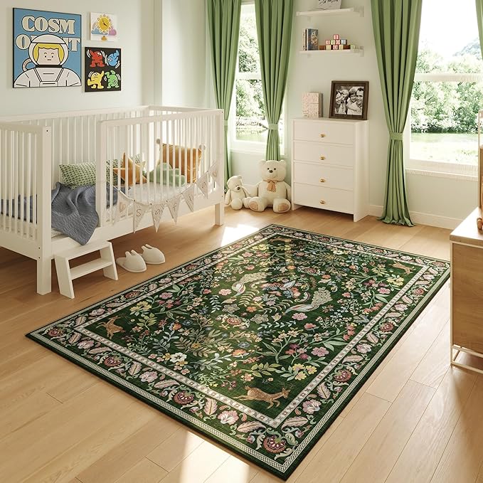 Living Room Rug 6x9 Rug Machine Washable Area Rug Floral Non-Slip Low Pile Large Rug for Living Room, Bedroom, Farmhouse, Dining Room, Kids Playroom (Emerald Green)