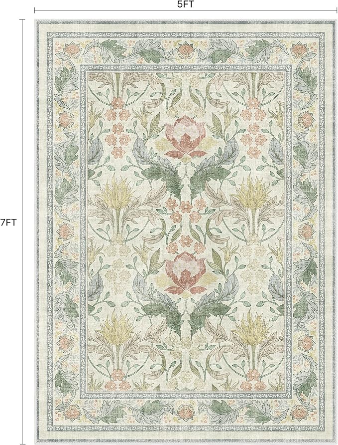 Bavni 5x7 Area Rugs for Living Room, Microfiber Machine Washable Non-Slip Vintage Floral Rug, Low Pile Lightweight Carpet for Bedroom, Dining Room, Home Office, Beige&Green