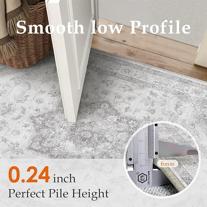 Grey Gray Runner Rug 2x6 Washable Vintage Long Carpet for Hallway Kitchen Soft Retro Low Pile Thin Indoor Runner Non Slip Oriental Medallion Throw Rug for Bathroom Bedroom Laundry Dining Room