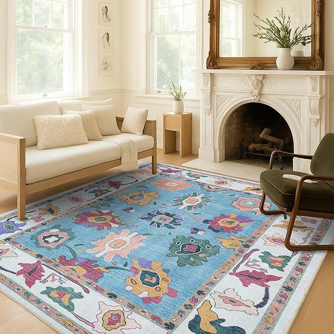 Fame Living Colorful Oushak Rug, Modern Rugs, Vintage, Turkish, Eclectic, Floral, Pastel, Washable, Small Throw, Accent Area Rug for Living Room, Bedroom, Kitchen, Bathroom, 2'5"x4'9"