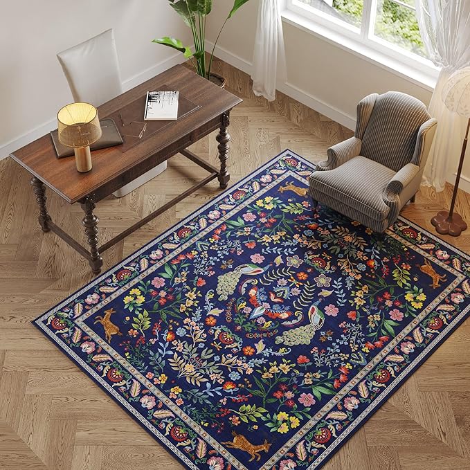 Rugcomf 3x5 Rug Washable Area Rug Floral Office Rug Non Slip Small Carpet for Bedroom, Bedside, Kitchen, Entryway, Kids Room, Office(Blue)