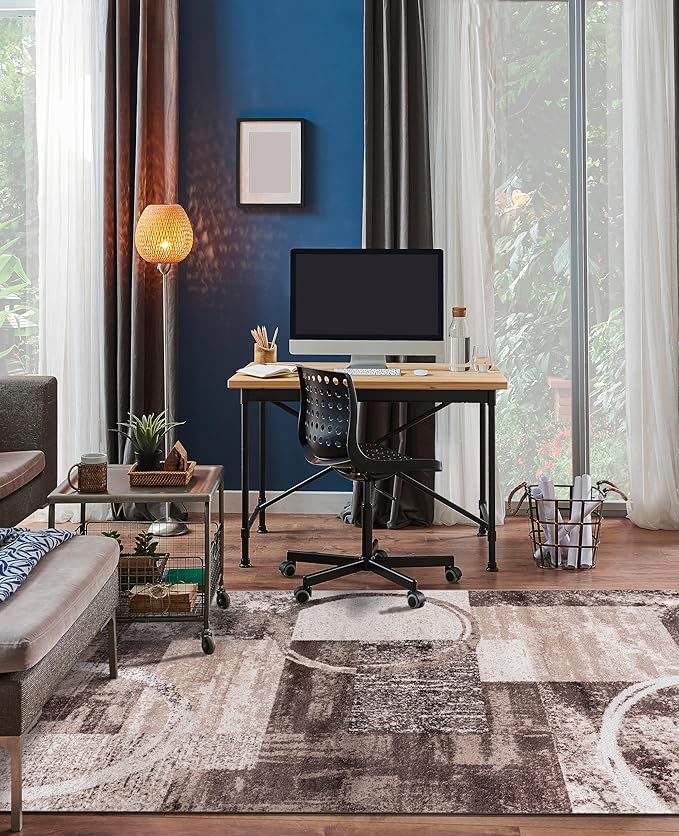 Rugshop Contemporary Abstract Circle Design Area Rug, Carpet with Jute Backing for Living Room, Bedroom, or Dining Room, Brown, 5'3" x 7'3"