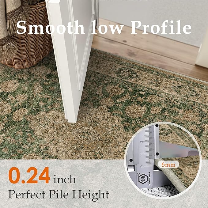 HUGEAR 2x5 Runner Rug Hallway Machine Washable Retro Green Vintage Floral Low Pile Carpet Distressed Long Throw Rug Bedroom Office Bathroom Kitchen Laundry Non Slip Soft Lightweight