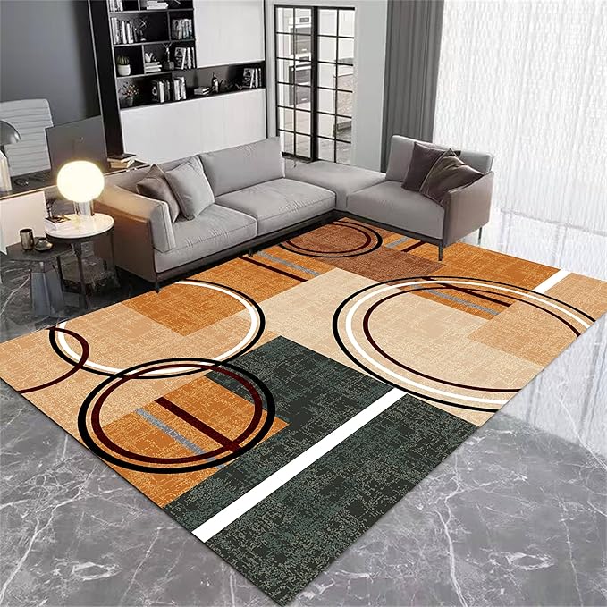Modern Wavy Circles Area Rug 7x10ft, Geometric Design Low Pile Carpet, Soft & Non-Slip Washable Mat for Living Room, Bedroom, Dining Room