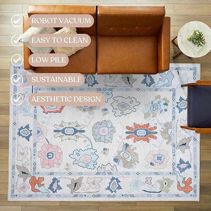 Fame Living Cream Oushak Rug, Modern, Vintage, Turkish, Eclectic, Floral, Pastel, Washable, Extra Large Area Rugs for Living Room, Dining, Bedroom, Lounge, 9'x12'
