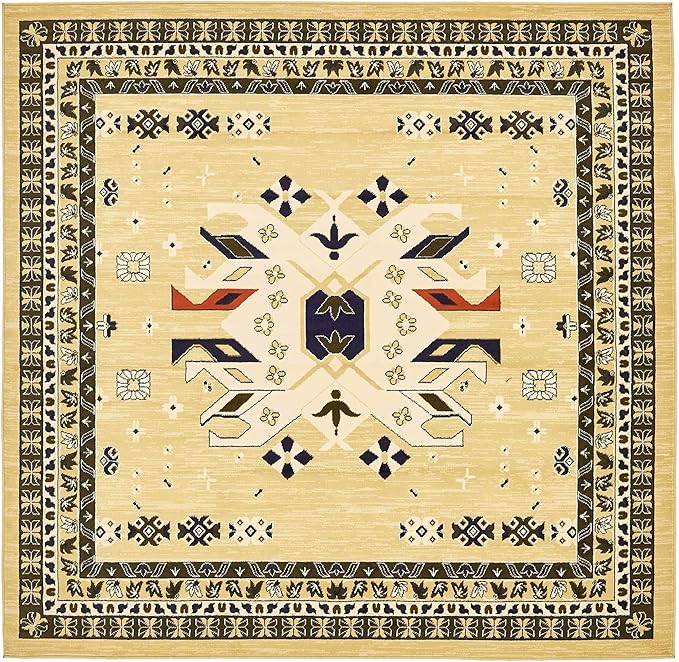 Unique Loom Taftan Collection Border Geometric Tribal Inspired Design Area Rug (8' 0 x 8' 0 Square, Gold/ Gray)