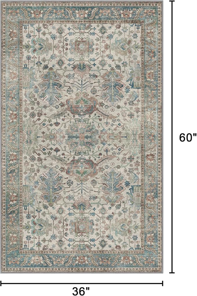 Bavni Area Rug 3x5, Non-Slip Washable Rugs for Living Room Office, Boho Distressed Printed Rug, Low Pile Foldable Decorative Carpet for Bedroom Kitchen Office, Blue/Ivory