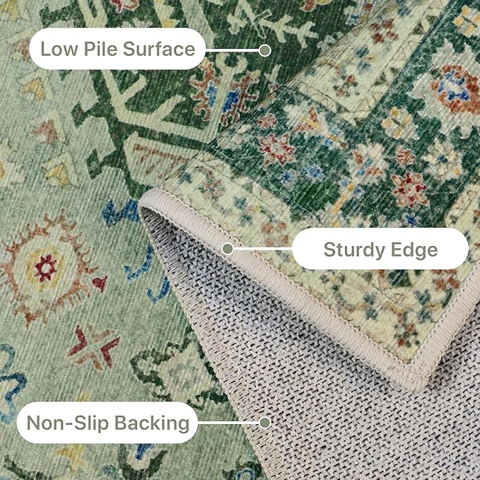 Bavni Washable Runners for Hallways 2X10, Ultra-Thin Non Slip Long Runner Rug, Print Vintage Aesthetic Carpet Runner, Low Pile Rugs for Kitchen Porch Bedroom, Green