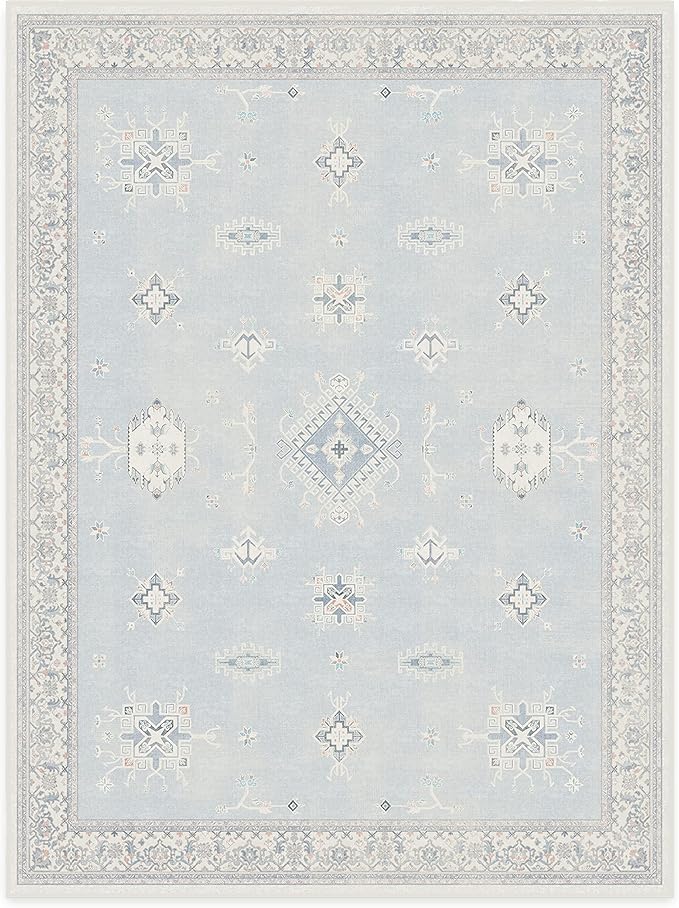 RUGGABLE Washable Vintage Area Rug – Verena Soft Blue 9x12, Stain-Resistant, Non-Slip – Large Machine Washable Rugs for Living Room, Bedroom, Hallway, Entryway & Office–with Cushioned Pad